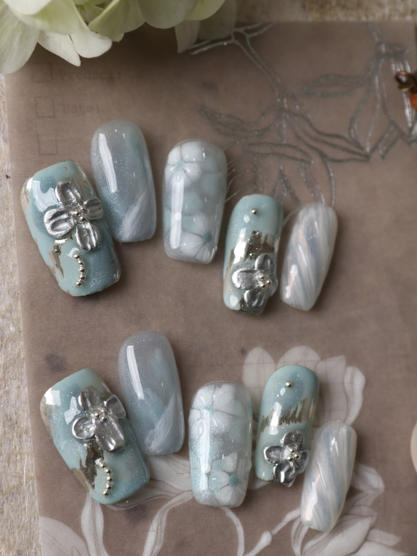 10Pcs Press on Nails Blue Whit - огляд і ціна Pressed Flower Art